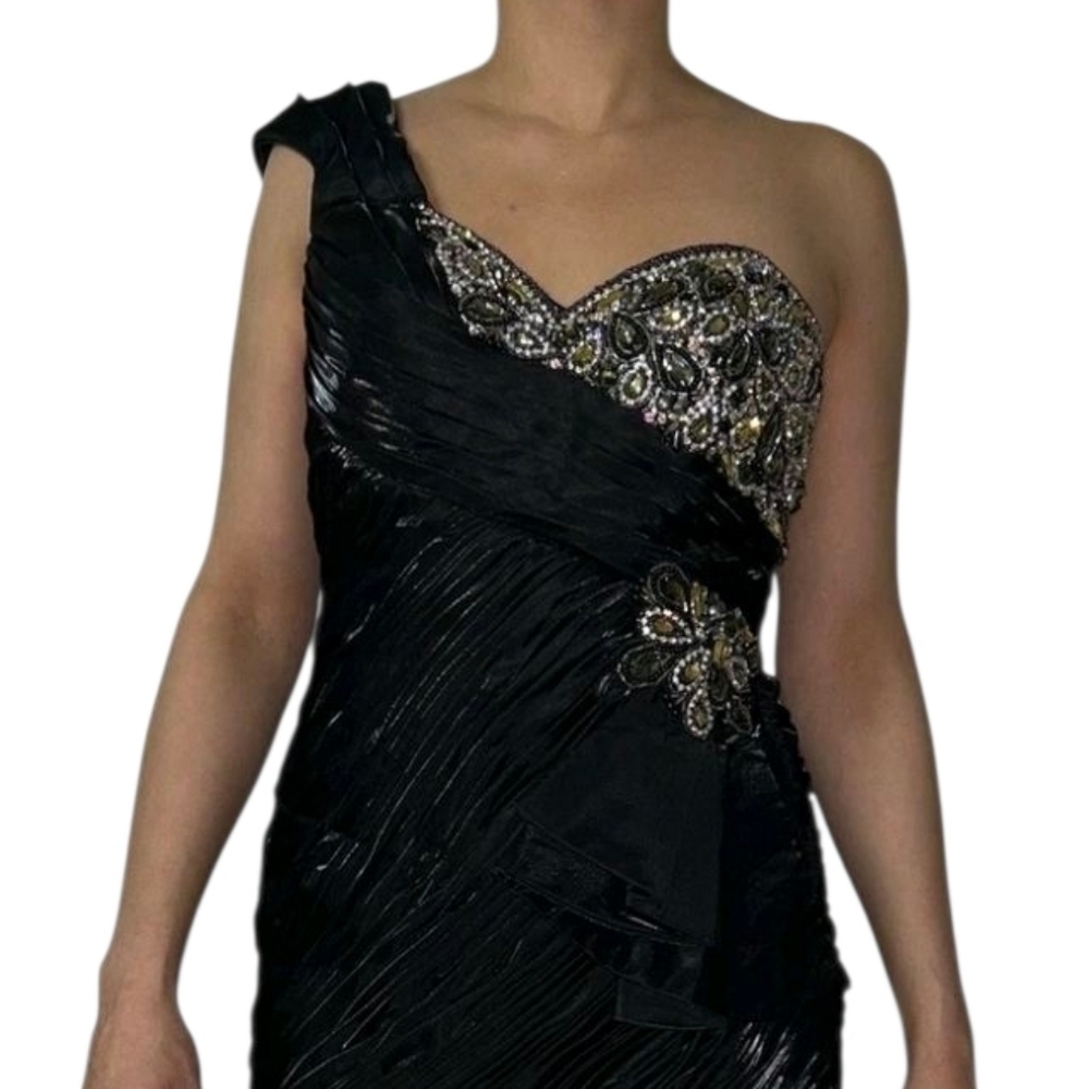 Terani Couture Black One-Shoulder Dress with Gold Crystal Beaded Embellishments